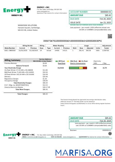 Realistic USA Massachusetts Energy Plus electricity business utility bill template in Word and PDF formats